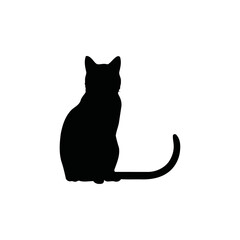 A black and white vector silhouette of a curious cat looking upward with ears perked and tail flicking on a white background.