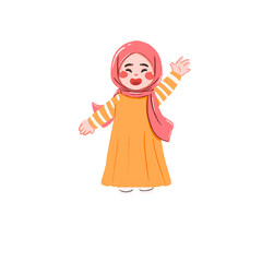 Cheerful Girl in Orange Dress and Pink Hijab Waving
