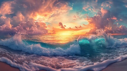 Powerful turquoise ocean wave crashes during vibrant sunset. Large wave with powerful foam crest. Beautiful scenery of ocean, sky. Dramatic dynamic energy at coast. Coastal tropical beauty in summer.