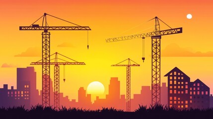 Naklejka premium Sunset Cityscape Construction Cranes (8)
