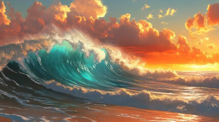 Powerful turquoise ocean wave crashes during vibrant sunset. Large wave with powerful foam crest. Beautiful scenery of ocean, sky. Dramatic dynamic energy at coast. Coastal tropical beauty in summer.