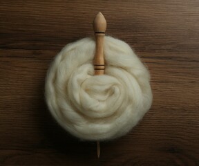 Soft white wool with spindle on wooden table, top view