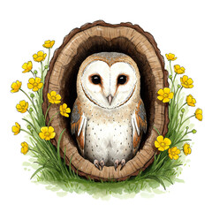 A barn owl sitting in a tree hollow surrounded by yellow flowers