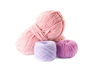 Different soft colorful woolen yarns on white background