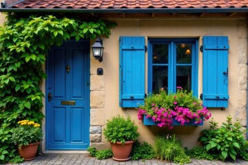 Obraz premium Hochkletternde Hortensien an der Fassade eines alten Hauses, blau, stein, pflanzen