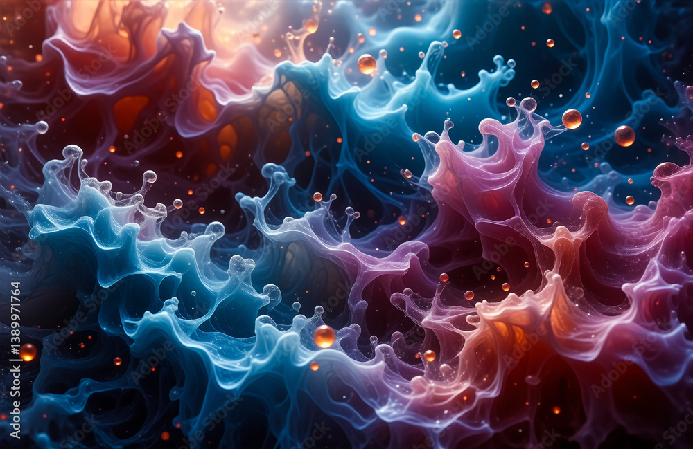 Poster vibrant hues of blue, orange, and pink blend in swirling smoke-like shapes. bubbles accent the dynam