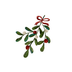 Hand-painted Mistletoe Sprig with Red Bow, Festive Holiday Illustration
