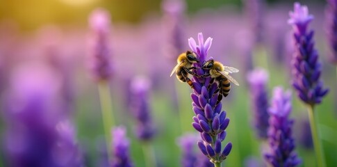 Obraz premium Honey bees collect nectar from purple lavender flowers in a field, insects, wildlife