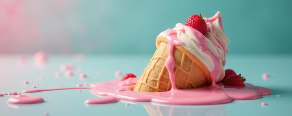ice cream cone in a puddle of melted ice cream, sweet abandon, cold catastrophe