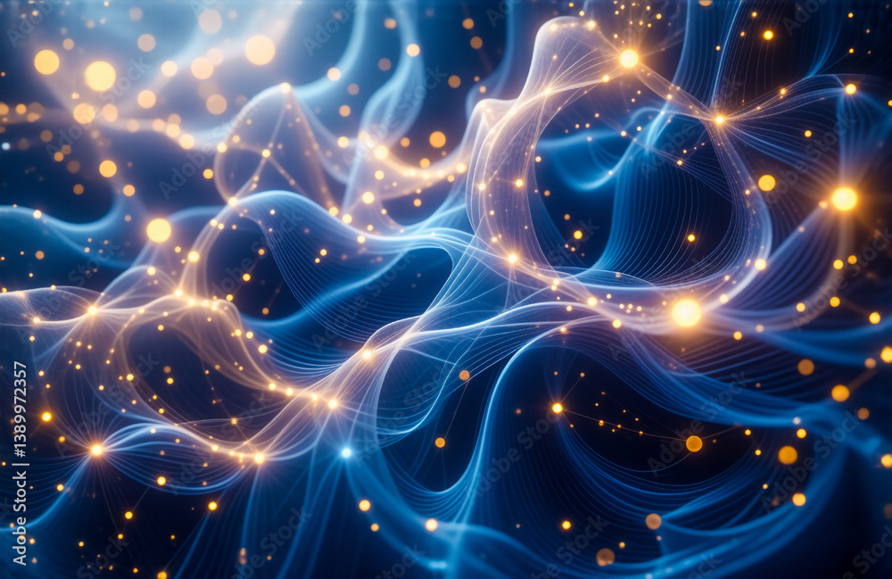 Poster Abstract blue waves flow with golden dots, creating a sense of movement and connection in a digital or futuristic style.