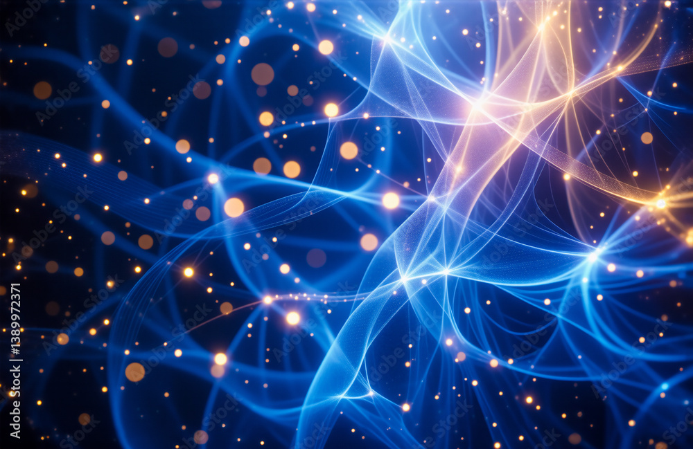 Aufkleber abstract digital art with flowing blue and orange lines and scattered glowing dots on a dark backgro