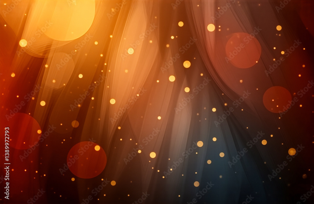 Poster Abstract warm background with bokeh lights and soft wavy lines creating a dreamy and festive atmosphere.