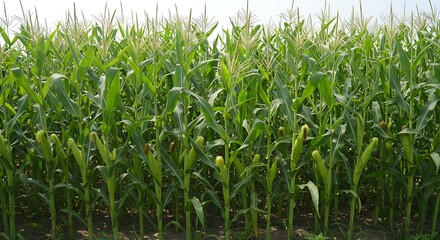 Lush Green Cornfield Sprawling Under a Sunny Sky, Signifying Agricultural Abundance