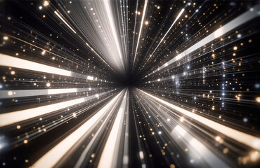 Obraz premium Abstract tunnel of light streaks. Bright gold and silver rays converge from a dark center, creating an abstract, dynamic, fast, and glowing effect.