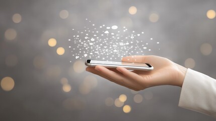 Hand holding phone, social media glow, bokeh