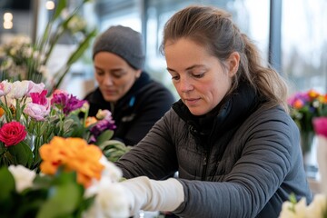 Obraz premium Two women deeply immersed in creating floral designs, emphasizing concentration and artistic expression as they carefully arrange colorful flowers in a spacious workshop.