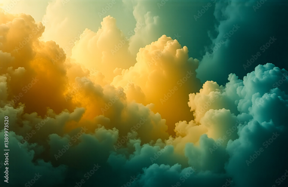 Poster dramatic clouds fill the sky, illuminated by golden light. a gradient of color from warm yellow to c