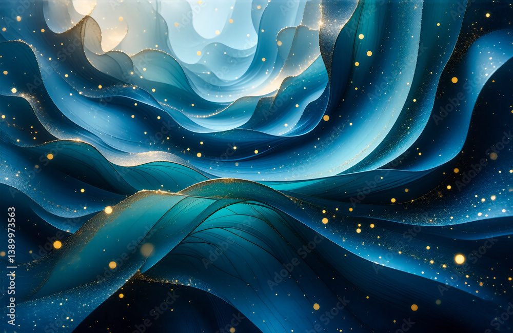 Poster Abstract blue and gold swirls create a fluid and dynamic design with depth and movement. Shimmering particles add sparkle to the elegant backdrop.