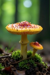 Fototapeta premium Psilocybe semilanceata growing in shaded woodland, woodland ecosystem, fungal growth, forest habitat
