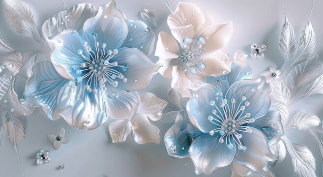 Serene pastel blue and white flowers with shimmering silver accents a dreamy floral arrangement in soft elegant lighting perfect for wallpaper or art print