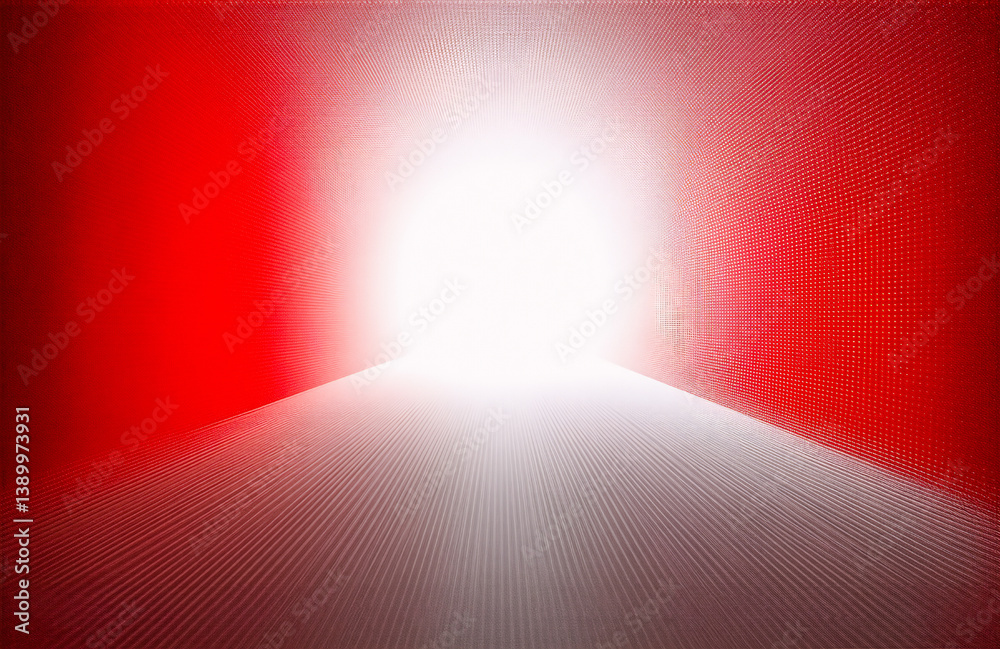 Poster Bright light at the end of a dark tunnel or corridor.  A strong white glow emanates from the center, fading into a red surrounding.  Illuminating perspective.