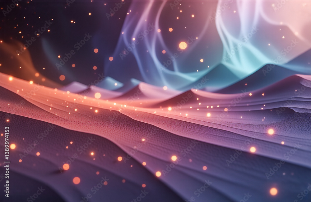 Aufkleber abstract dreamy landscape with smooth, flowing shapes in purple, orange and blue hues. tiny glowing 