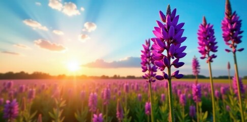 Naklejka premium Purple Liatris flowers against a bright blue sky during sunrise, landscape photography, wildflowers