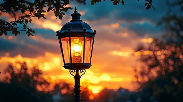 Illuminated lamppost at sunset, golden hour, urban park, tranquil scene, perfect for backgrounds or calming aesthetics