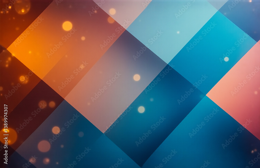 Leinwandbilder Abstract background with diagonal squares in orange, blue, and pink hues. Bokeh lights add soft, blurred highlights to the vibrant geometric design.