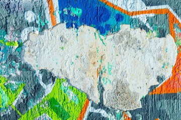 Graffiti texture with vivid orange, blue, green against cracked beige surface. Urban 90s style,...