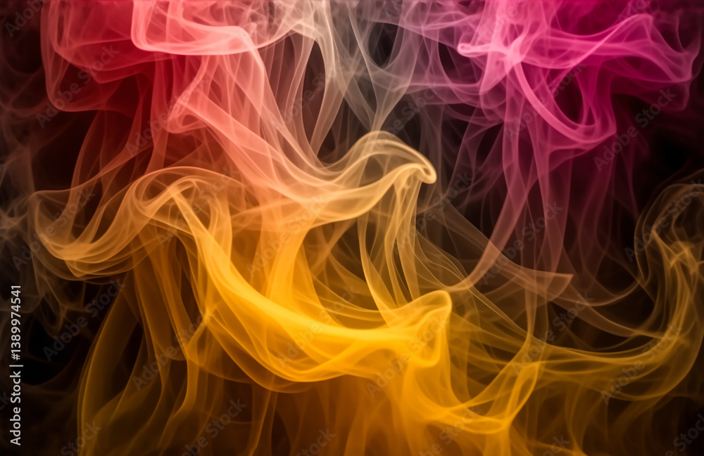 Poster Vibrant streams of smoke intertwine and curl against a dark background, creating an abstract and dynamic interplay of warm colors like red, orange, and yellow.