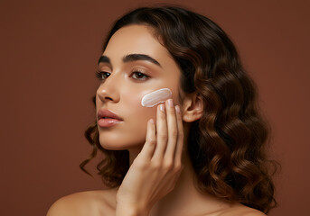 Young caucasian female applying skincare cream on cheek.