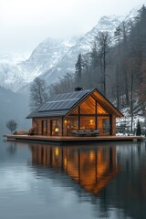 Obraz premium Mountain Lake Cabin with Winter Sunset.