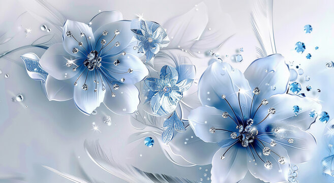 Elegant light blue jeweled flowers sparkling with diamond accents a serene digital art piece depicting delicate petals and soft light showcasing exquisite detail and