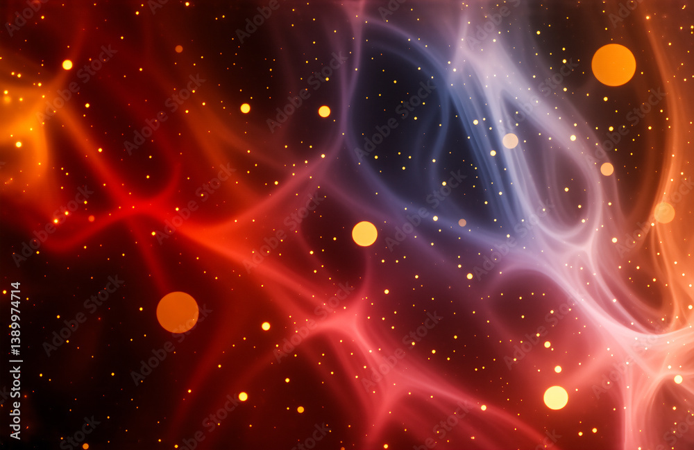 Poster abstract cosmic scene with swirling shades of red, blue, and orange, evoking a nebula. bright golden