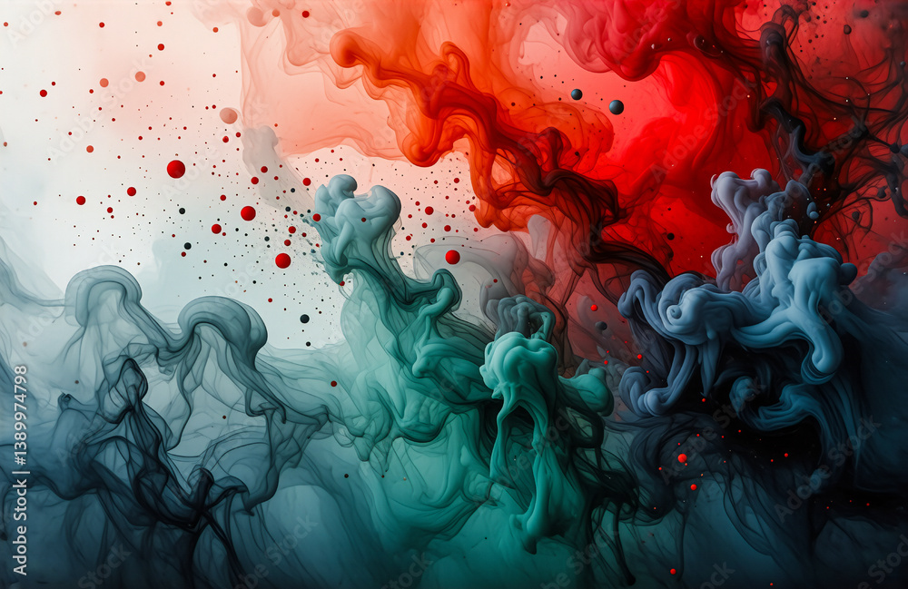 Aufkleber abstract red and teal smoke swirls and blends on a white backdrop. dark droplets scatter throughout 