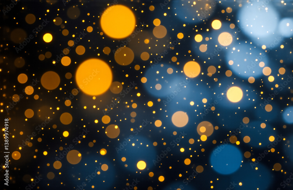 Poster Abstract background featuring a bokeh effect with blurred golden and blue circular lights, creating a dreamy and festive atmosphere against a dark backdrop.