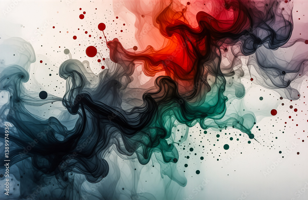 Leinwandbilder abstract swirls of red, black, and teal paint create a dynamic and flowing design on a white backdro