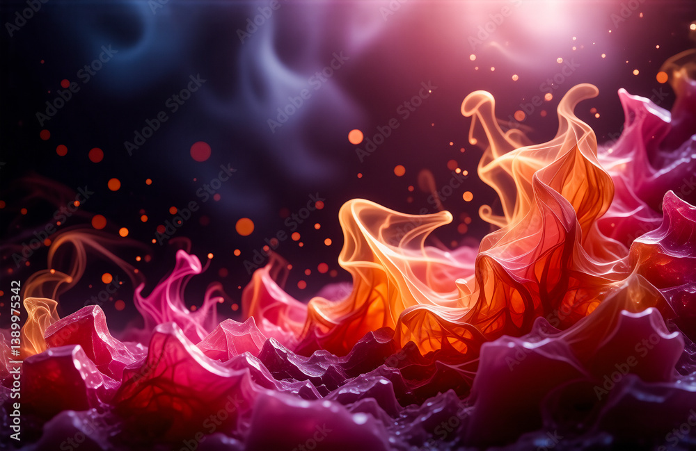 Poster abstract vibrant swirls of pink, orange, and red fluid shapes rise against a dark smoky backdrop wit