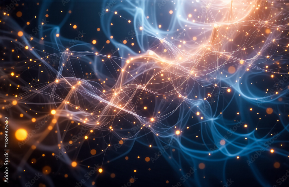 Poster Abstract glowing lines and dots in blue and orange colors create a network or connection effect on a dark backdrop.