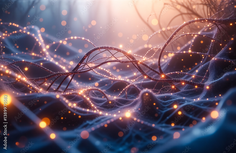Poster Ethereal glowing lines and particles intertwine in a blue and orange space, creating an abstract network with soft light and flowing movement.