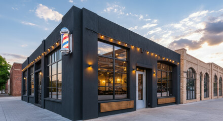 Modern barbershop exterior with industrial design and classic barber pole on a city street