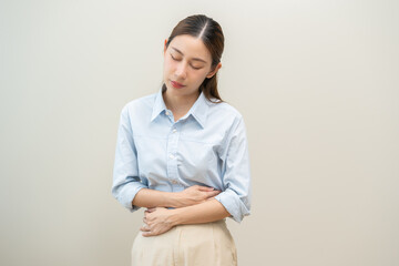 Flatulence asian young woman intolerance hand in stomach ache, suffer from food poisoning,...