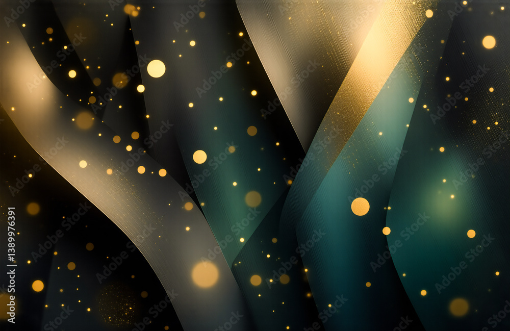 Leinwandbilder Elegant abstract backdrop with flowing shapes in black, green, and gold hues. Bokeh lights add a touch of sparkle and sophistication.
