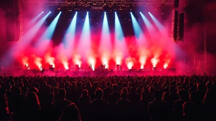 Massive crowd at a vibrant concert, bathed in red and blue stage lighting with thick smoke