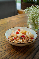 A fresh and delicious breakfast of cheesecakes and porridge