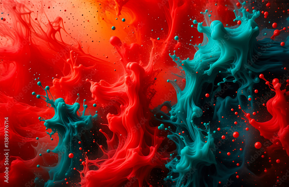 Poster vibrant splash of red and teal paint intertwines, creating a dynamic and abstract display of fluid m