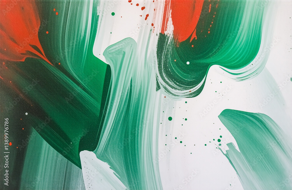 Aufkleber Abstract artwork featuring dynamic brushstrokes in orange and green hues blending on a white backdrop, creating a textured and vibrant visual.