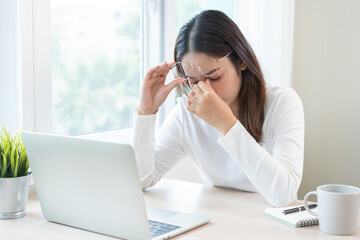 Eye problem concept, fatigue asian young woman tired eyes, irritated rubbing nose dry relief vision...