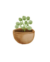 Watercolor Illustration: Miniature Succulent in Rustic Brown Pot